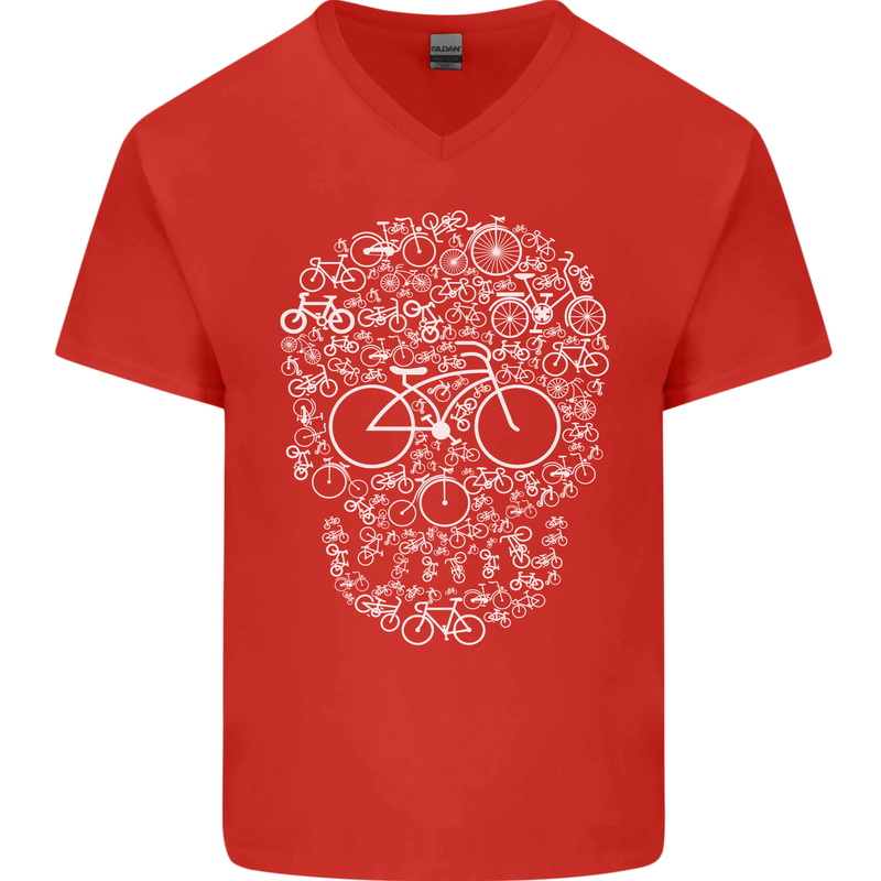 A Skull Made with Bicycles Cyclist Cycling Mens V-Neck Cotton T-Shirt Red