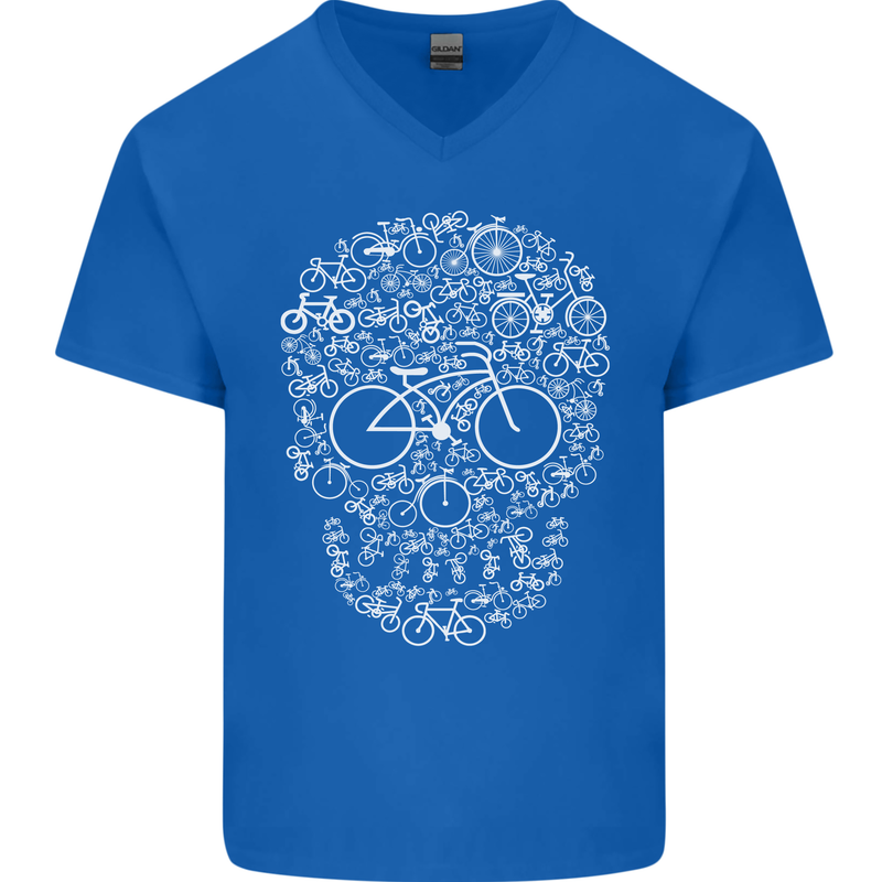 A Skull Made with Bicycles Cyclist Cycling Mens V-Neck Cotton T-Shirt Royal Blue
