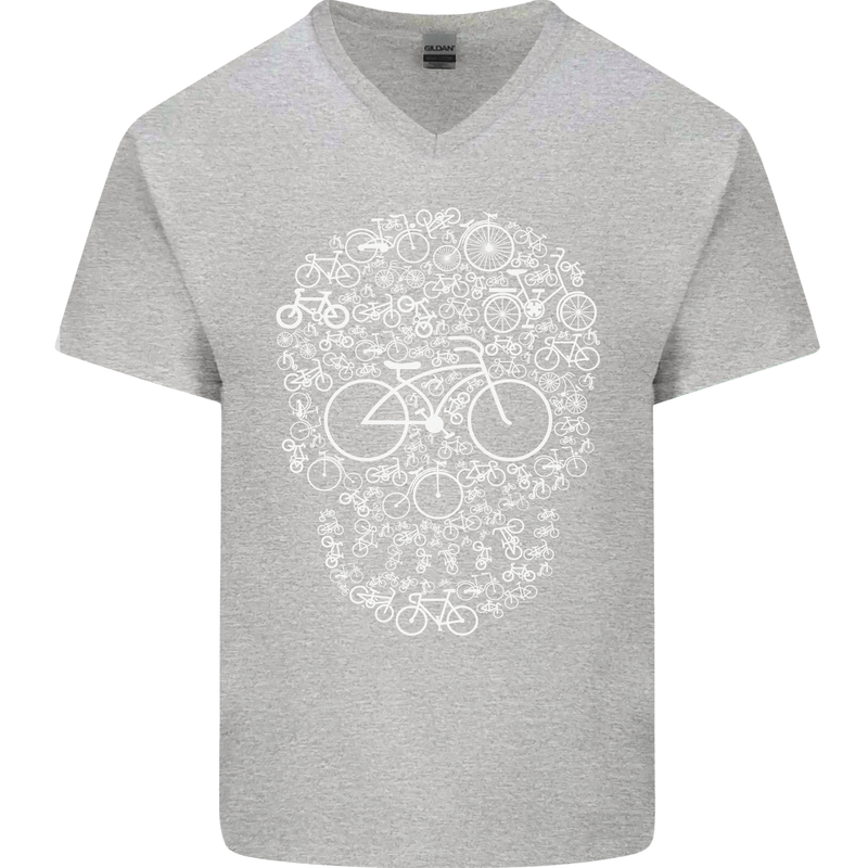 A Skull Made with Bicycles Cyclist Cycling Mens V-Neck Cotton T-Shirt Sports Grey