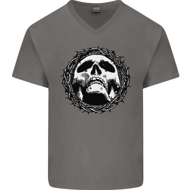A Skull in Thorns Gothic Christ Jesus Mens V-Neck Cotton T-Shirt Charcoal
