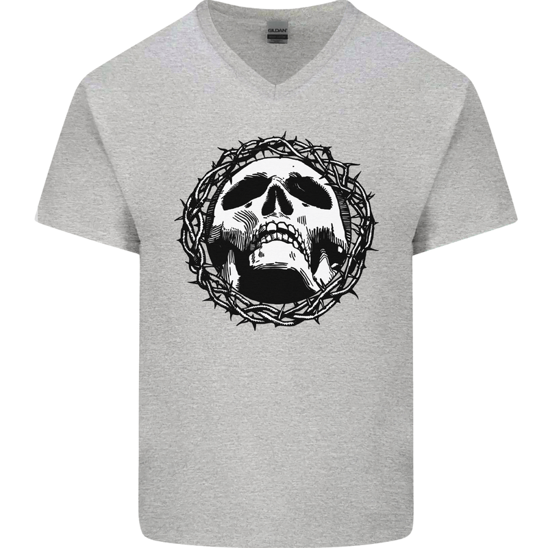 A Skull in Thorns Gothic Christ Jesus Mens V-Neck Cotton T-Shirt Sports Grey