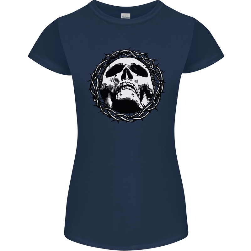 A Skull in Thorns Gothic Christ Jesus Womens Petite Cut T-Shirt Navy Blue