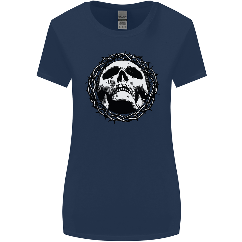 A Skull in Thorns Gothic Christ Jesus Womens Wider Cut T-Shirt Navy Blue