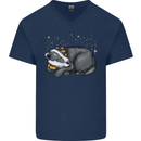 A Sleeping Badger Mens V-Neck Cotton T-Shirt Navy Blue