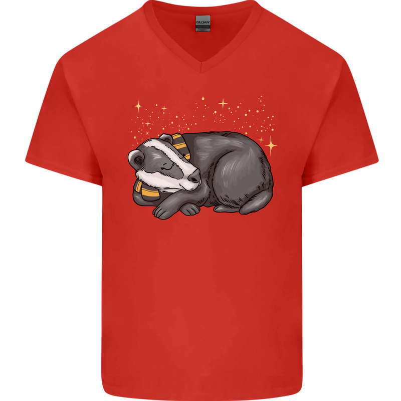 A Sleeping Badger Mens V-Neck Cotton T-Shirt Red