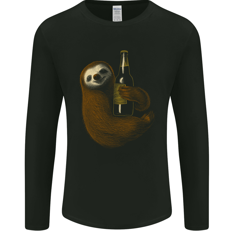 A Sloth With a Bottle of Beer Wine Cider Alcohol Mens Long Sleeve T-Shirt Black