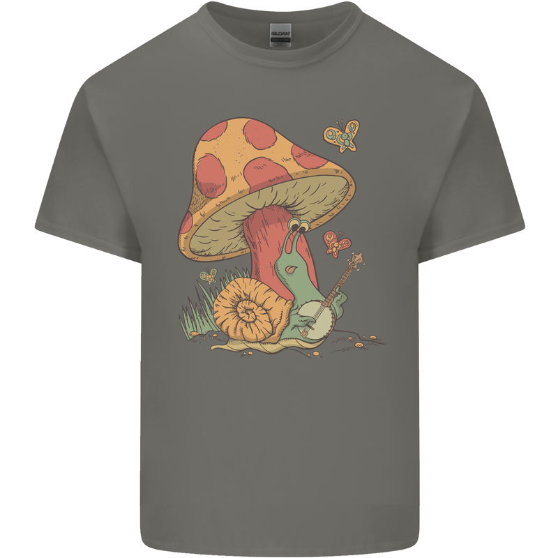 A Snail Playing the Banjo Under a Mushroom Mens Cotton T-Shirt Tee Top Charcoal