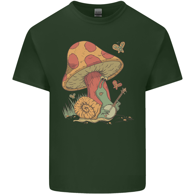 A Snail Playing the Banjo Under a Mushroom Mens Cotton T-Shirt Tee Top Forest Green
