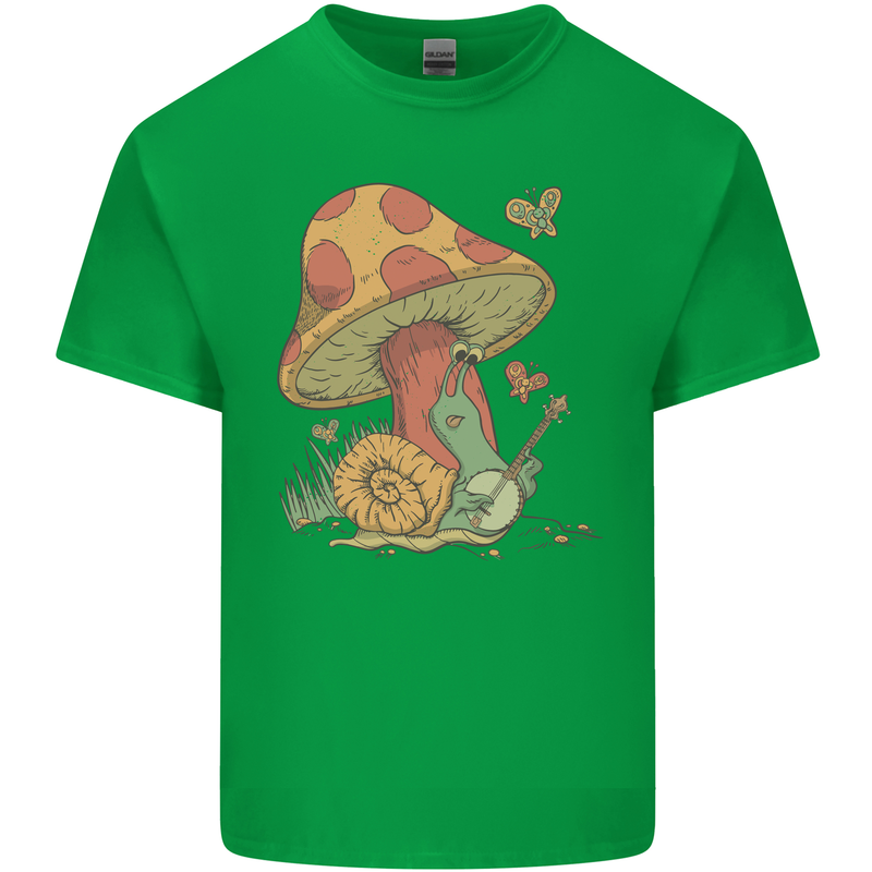 A Snail Playing the Banjo Under a Mushroom Mens Cotton T-Shirt Tee Top Irish Green