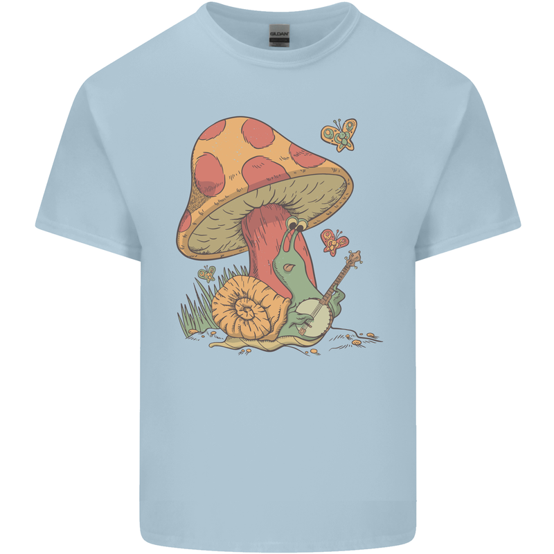 A Snail Playing the Banjo Under a Mushroom Mens Cotton T-Shirt Tee Top Light Blue