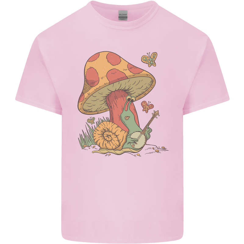 A Snail Playing the Banjo Under a Mushroom Mens Cotton T-Shirt Tee Top Light Pink