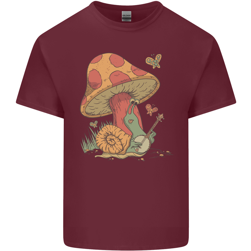 A Snail Playing the Banjo Under a Mushroom Mens Cotton T-Shirt Tee Top Maroon