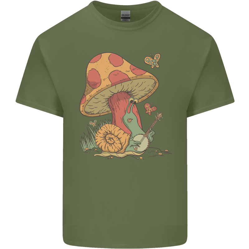 A Snail Playing the Banjo Under a Mushroom Mens Cotton T-Shirt Tee Top Military Green