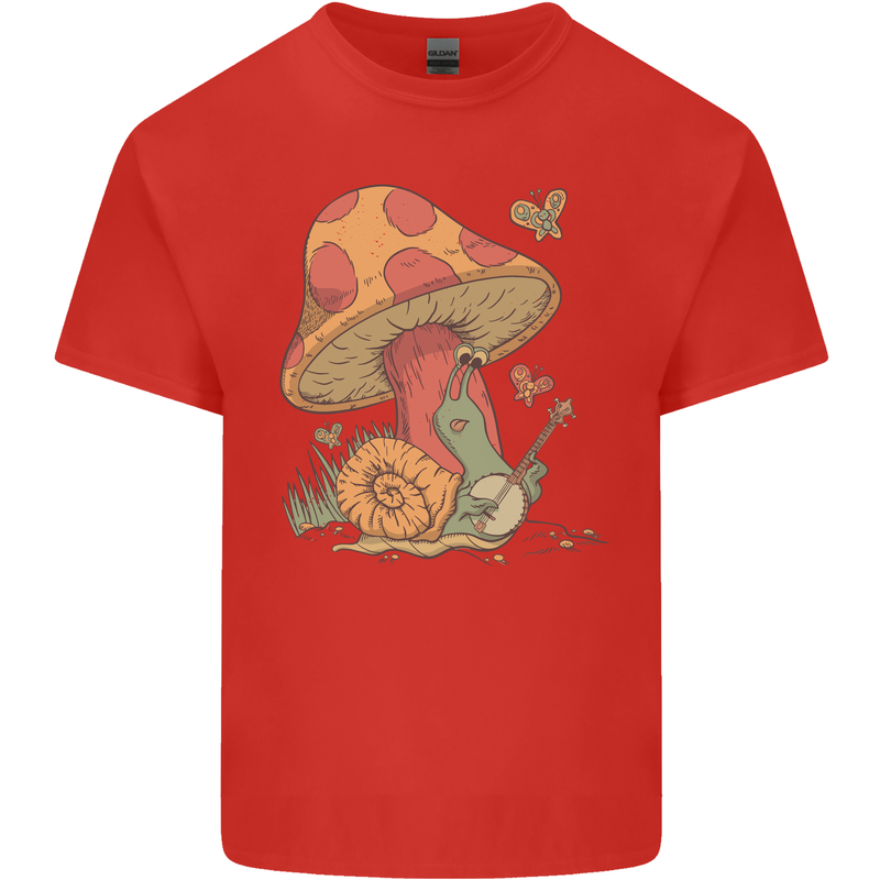 A Snail Playing the Banjo Under a Mushroom Mens Cotton T-Shirt Tee Top Red