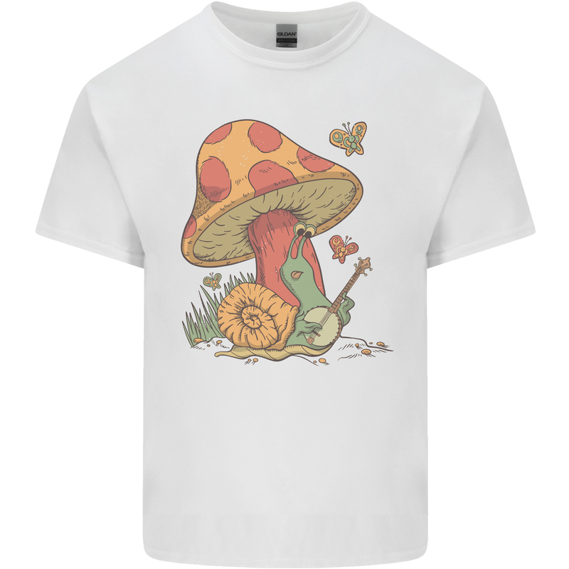 A Snail Playing the Banjo Under a Mushroom Mens Cotton T-Shirt Tee Top White