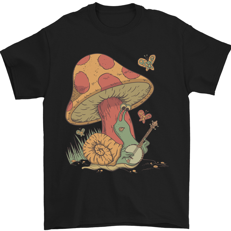 A Snail Playing the Banjo Under a Mushroom Mens T-Shirt Cotton Gildan Black