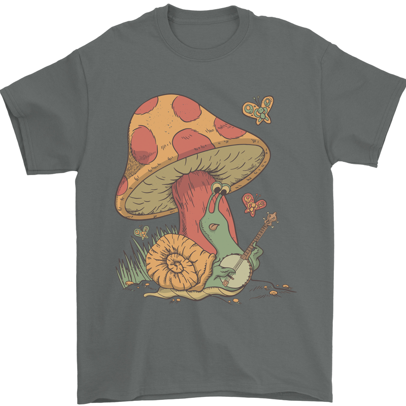 A Snail Playing the Banjo Under a Mushroom Mens T-Shirt Cotton Gildan Charcoal