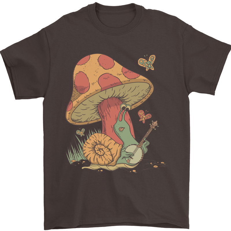 A Snail Playing the Banjo Under a Mushroom Mens T-Shirt Cotton Gildan Dark Chocolate
