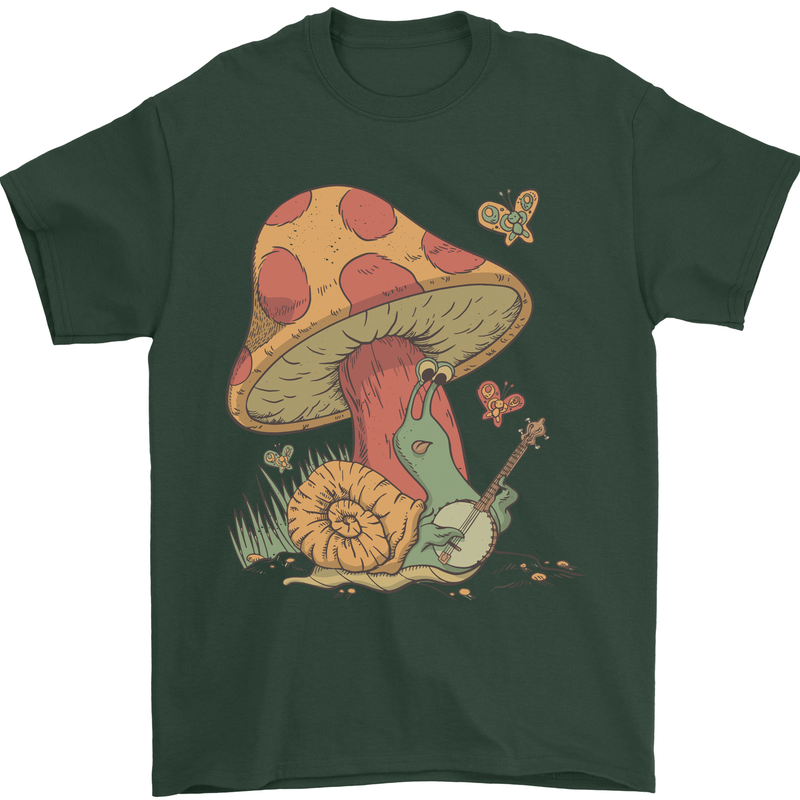 A Snail Playing the Banjo Under a Mushroom Mens T-Shirt Cotton Gildan Forest Green
