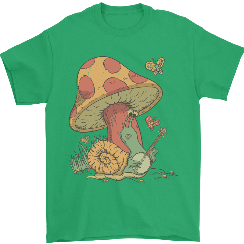 A Snail Playing the Banjo Under a Mushroom Mens T-Shirt Cotton Gildan Irish Green
