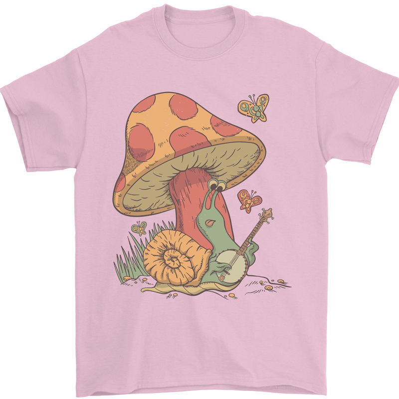 A Snail Playing the Banjo Under a Mushroom Mens T-Shirt Cotton Gildan Light Pink