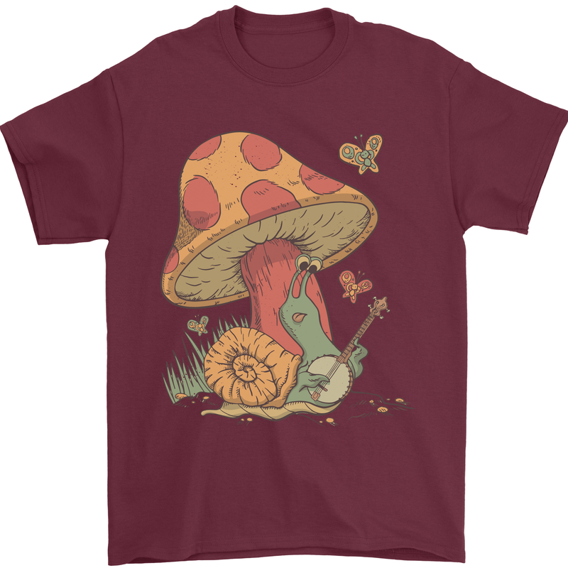 A Snail Playing the Banjo Under a Mushroom Mens T-Shirt Cotton Gildan Maroon