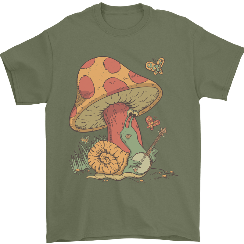 A Snail Playing the Banjo Under a Mushroom Mens T-Shirt Cotton Gildan Military Green