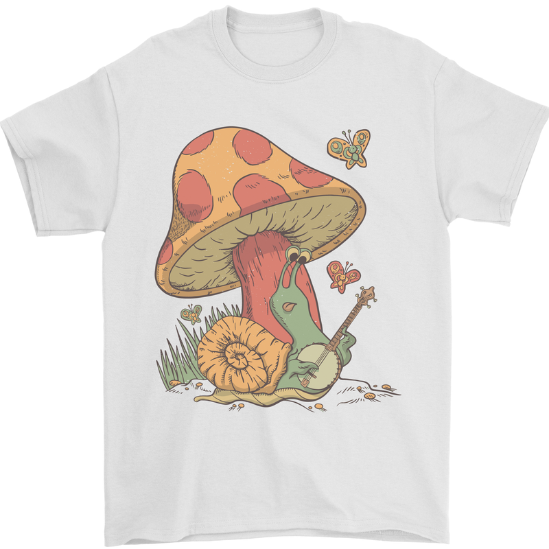 A Snail Playing the Banjo Under a Mushroom Mens T-Shirt Cotton Gildan White
