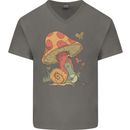 A Snail Playing the Banjo Under a Mushroom Mens V-Neck Cotton T-Shirt Charcoal