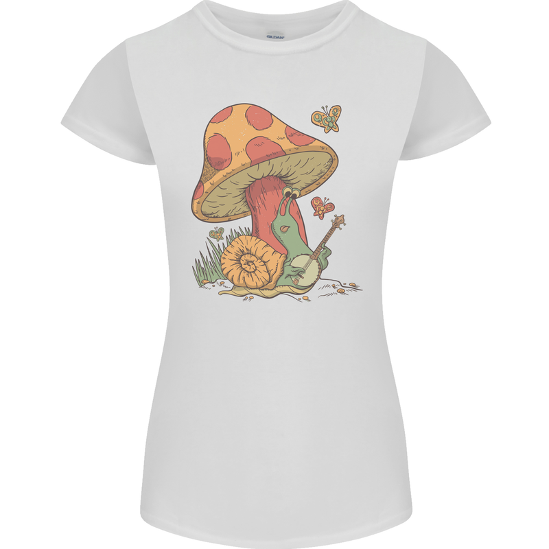 A Snail Playing the Banjo Under a Mushroom Womens Petite Cut T-Shirt White
