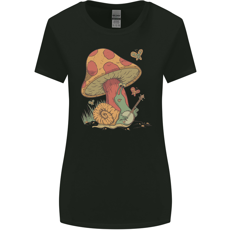A Snail Playing the Banjo Under a Mushroom Womens Wider Cut T-Shirt Black