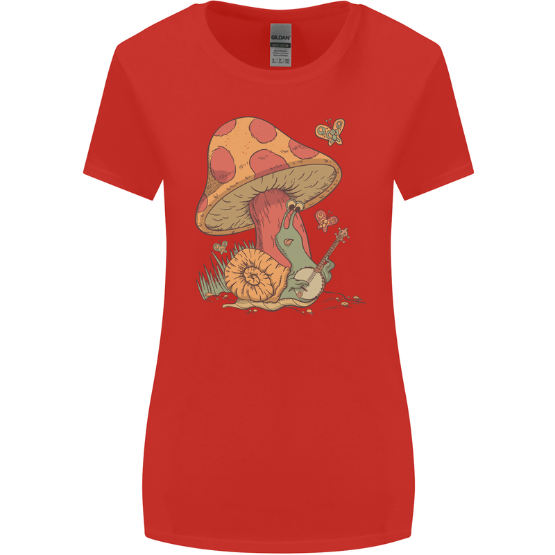 A Snail Playing the Banjo Under a Mushroom Womens Wider Cut T-Shirt Red