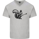 A Squirrel Playing the Guitar Mens V-Neck Cotton T-Shirt Sports Grey