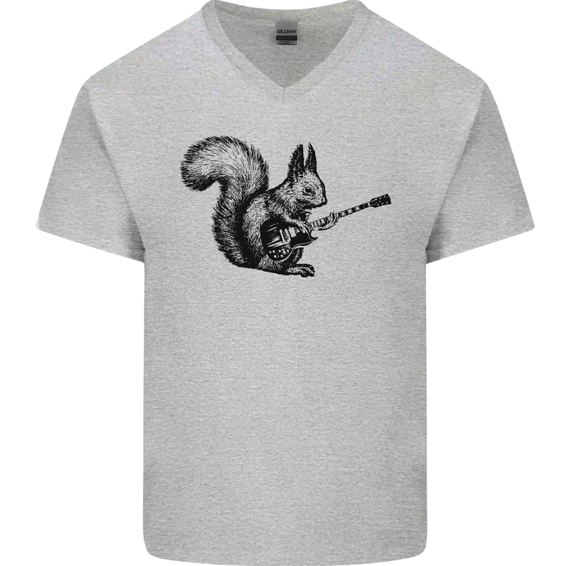 A Squirrel Playing the Guitar Mens V-Neck Cotton T-Shirt Sports Grey