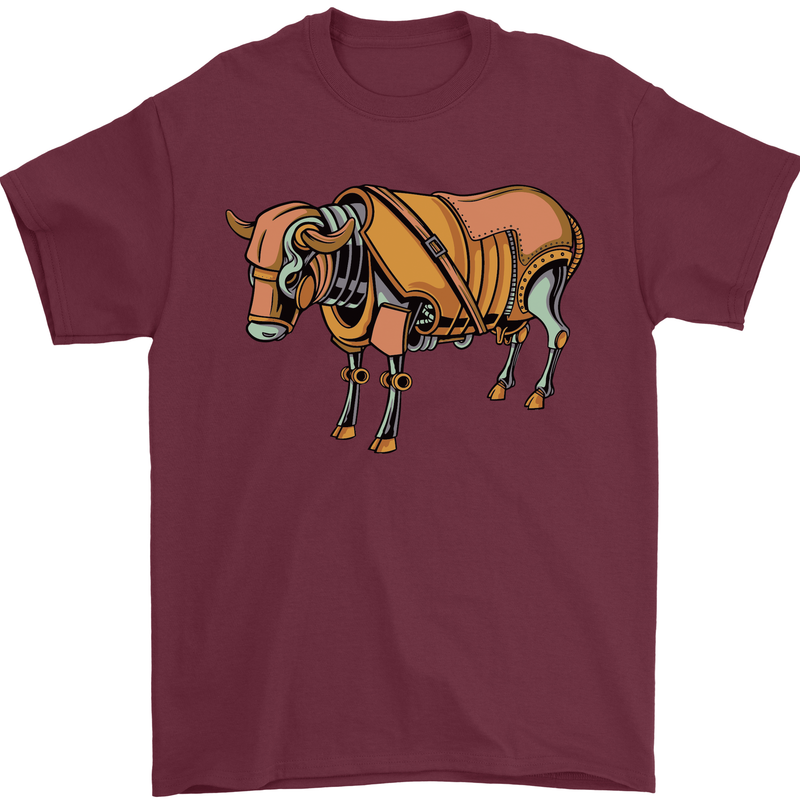 A Steampunk Bull Mens T-Shirt 100% Cotton Maroon