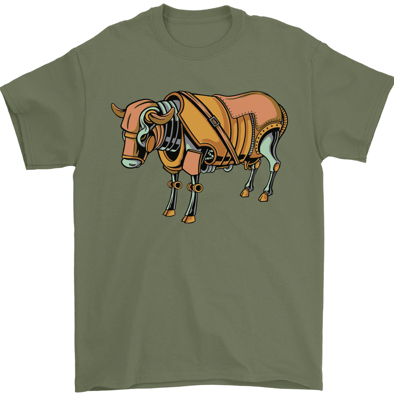 A Steampunk Bull Mens T-Shirt 100% Cotton Military Green