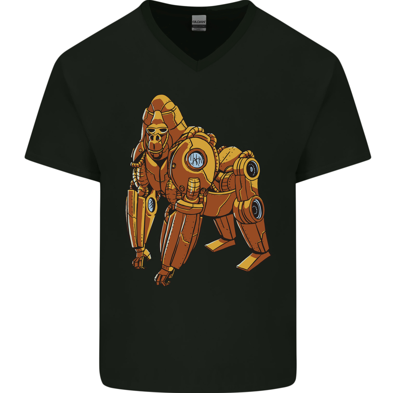A Steampunk Gorilla Ape Mens V-Neck Cotton T-Shirt Black
