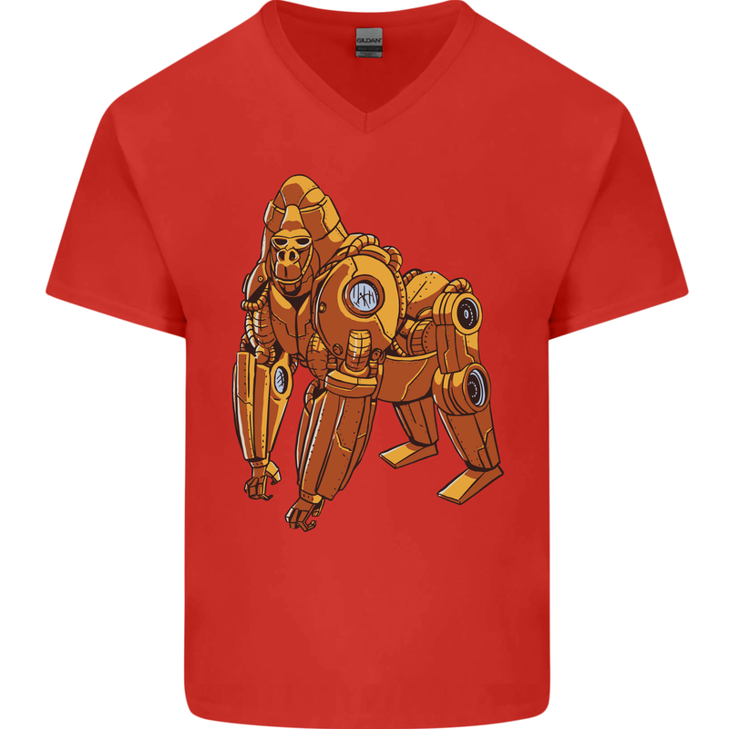 A Steampunk Gorilla Ape Mens V-Neck Cotton T-Shirt Red