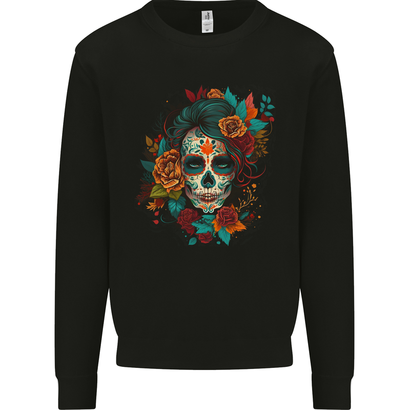 A Sugar Skull With Flowers Day of the Dead Kids Sweatshirt Jumper Black