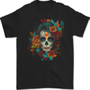 A Sugar Skull With Flowers Day of the Dead Mens Gildan Cotton T-Shirt Black