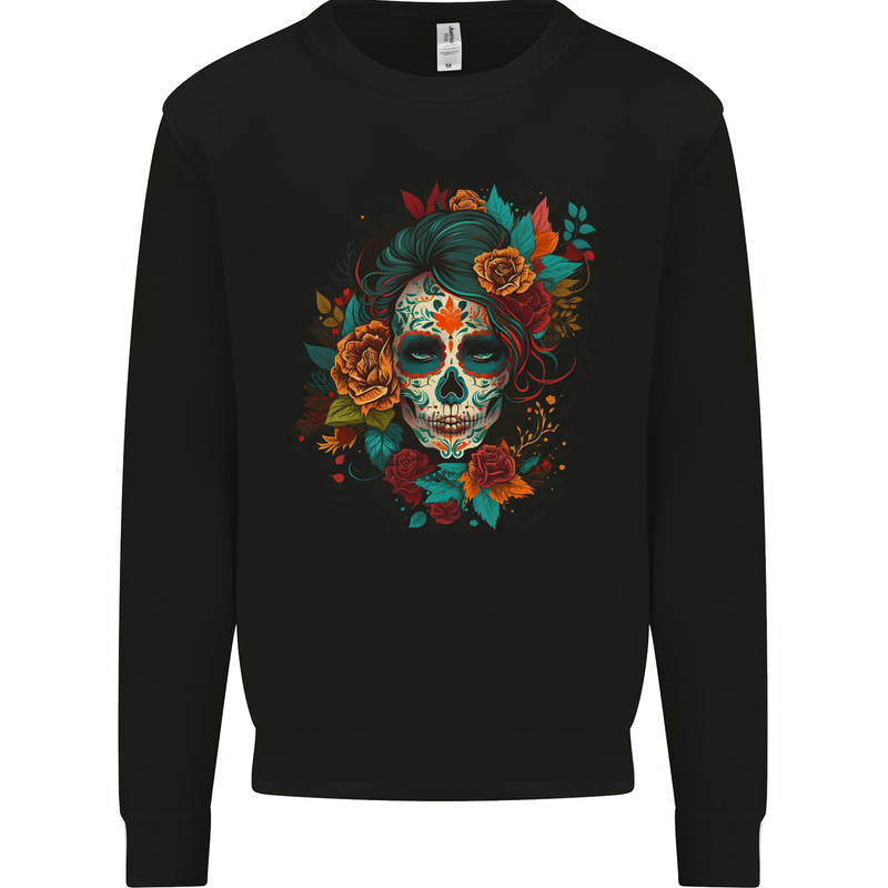 A Sugar Skull With Flowers Day of the Dead Mens Sweatshirt Jumper Black