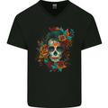 A Sugar Skull With Flowers Day of the Dead Mens V-Neck Cotton T-Shirt Black
