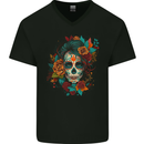 A Sugar Skull With Flowers Day of the Dead Mens V-Neck Cotton T-Shirt Black