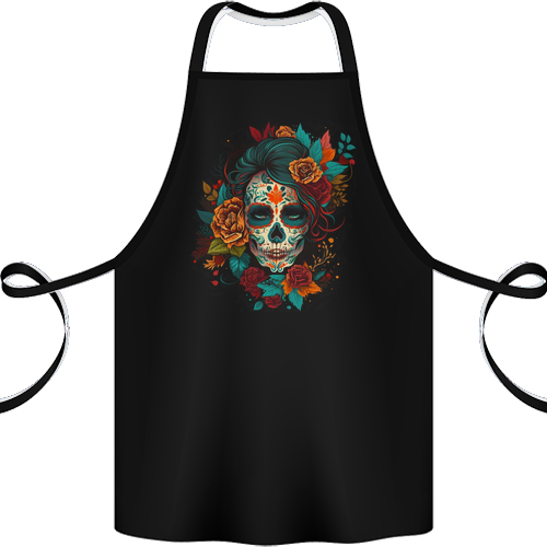 A Sugar Skull With Flowers Day of the Dead Mens Womens Kids Unisex Black Apron 100% Cotton