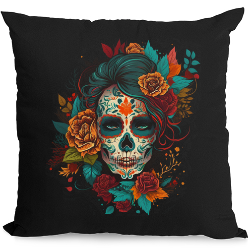 A Sugar Skull With Flowers Day of the Dead Mens Womens Kids Unisex Black Cushion Cover