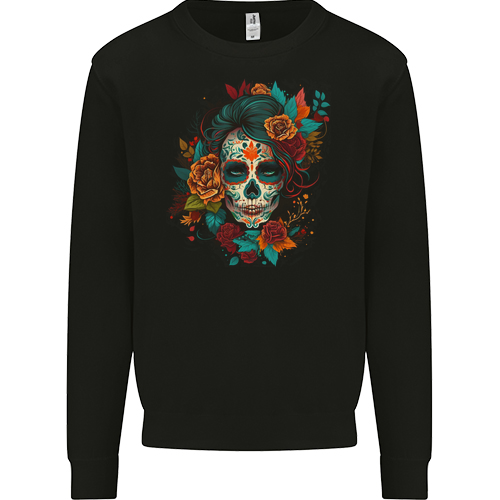 A Sugar Skull With Flowers Day of the Dead Mens Womens Kids Unisex Black Kids Sweatshirt