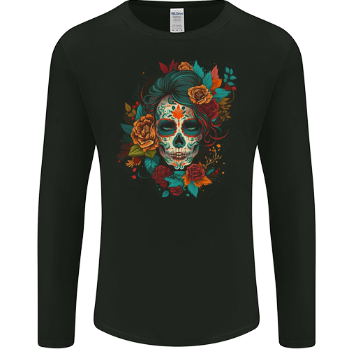 A Sugar Skull With Flowers Day of the Dead Mens Womens Kids Unisex Black Mens L\S T-Shirt