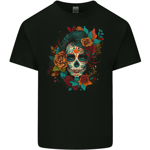 A Sugar Skull With Flowers Day of the Dead Mens Womens Kids Unisex Black Mens T-Shirt