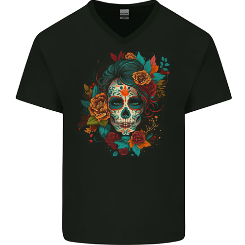 A Sugar Skull With Flowers Day of the Dead Mens Womens Kids Unisex Black Mens V-Neck T-Shirt