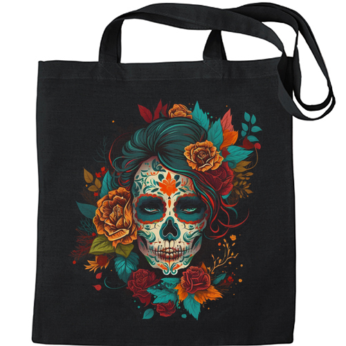 A Sugar Skull With Flowers Day of the Dead Mens Womens Kids Unisex Black Tote Bag